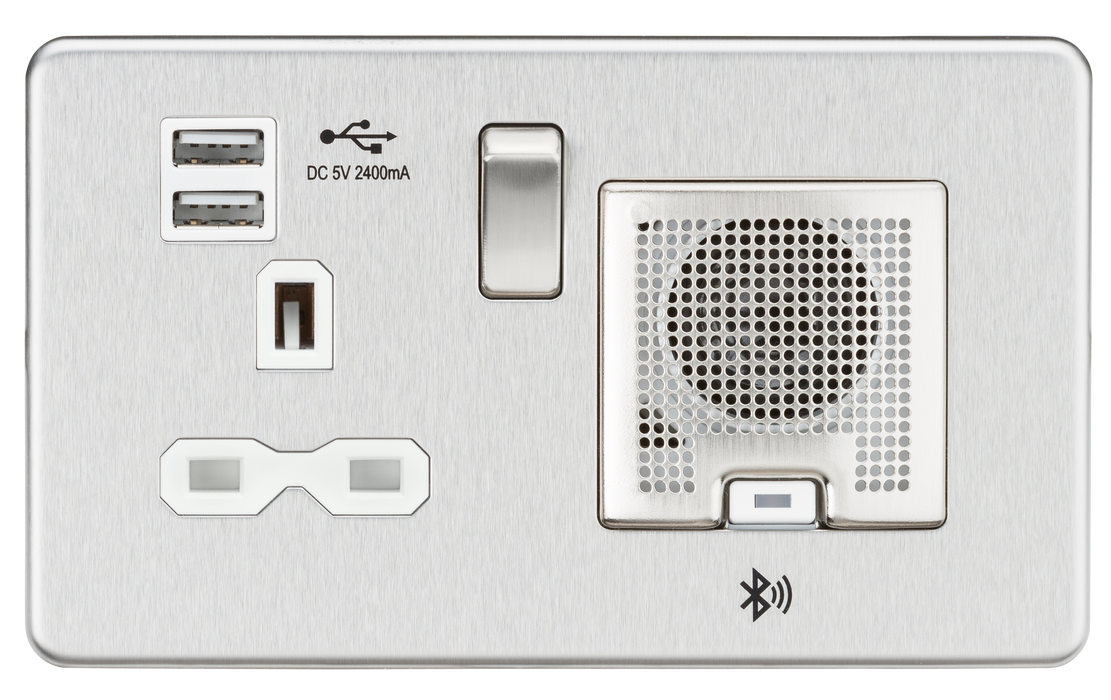 Knightsbridge SFR9905BCW Screwless 13A Socket + 2xUSB(2.4A) + Bluetooth Speaker - Brushed Chrome + White Insert - westbasedirect.com
