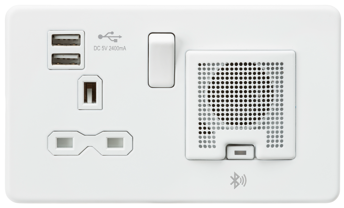 Knightsbridge SFR9905MW Screwless 13A Socket + 2xUSB(2.4A) + Bluetooth Speaker - Matt White - westbasedirect.com
