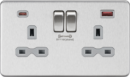 Knightsbridge SFR9909BCG Screwless 13A 2G DP Switched Socket + 2xUSB(A + C) FASTCHARGE - Brushed Chrome + Grey Insert - westbasedirect.com