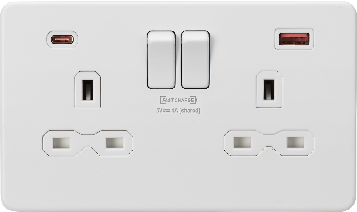 Knightsbridge SFR9909MW Screwless 13A 2G DP Switched Socket + 2xUSB(A + C) FASTCHARGE - Matt White - westbasedirect.com