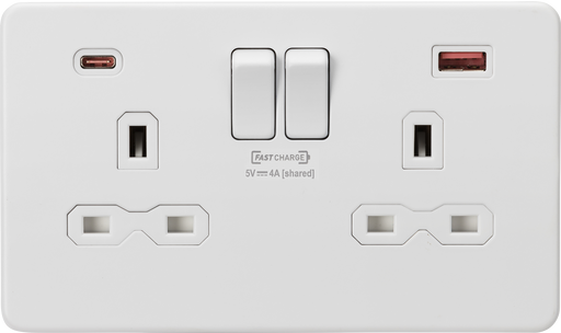 Knightsbridge SFR9909MW Screwless 13A 2G DP Switched Socket + 2xUSB(A + C) FASTCHARGE - Matt White - westbasedirect.com