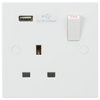 Knightsbridge SN9903 White Square Edge 13A 1G Switched Socket + USB 5V DC 2.1A