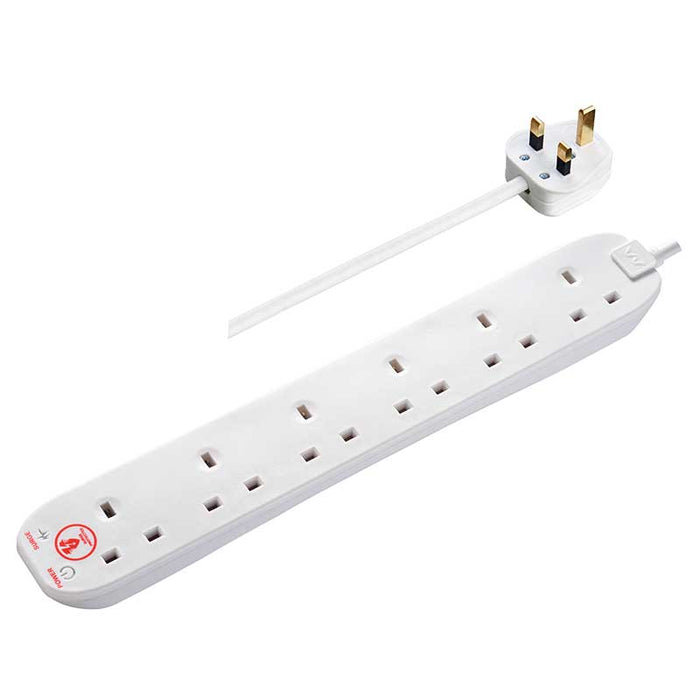 Masterplug 6 Socket 2m 13A Surge Extension Lead White - westbasedirect.com