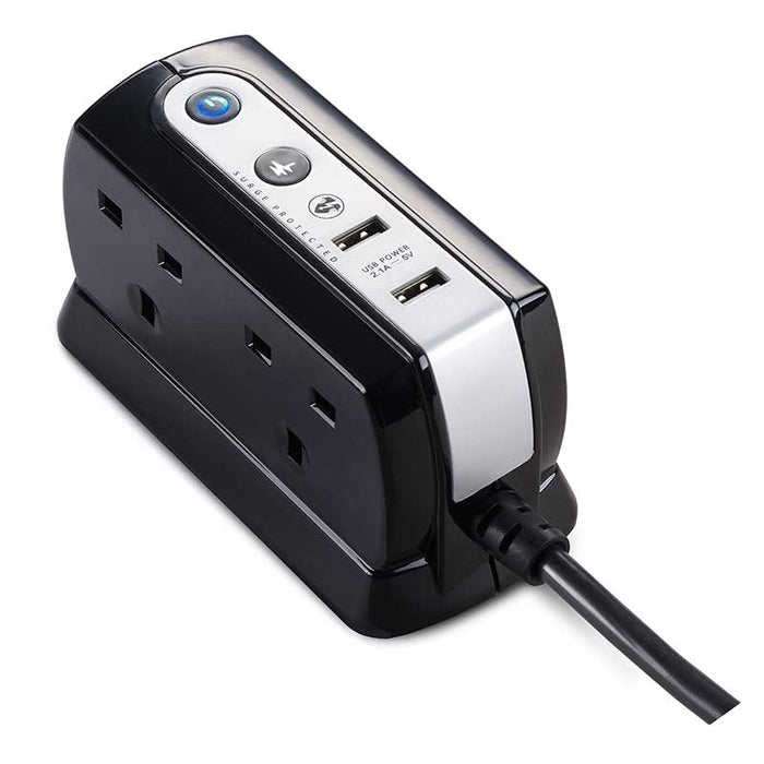 Masterplug 4 Socket 2m 13A + 2x3.1A USB Switched Surge Compact Extension Lead Gloss Black - westbasedirect.com