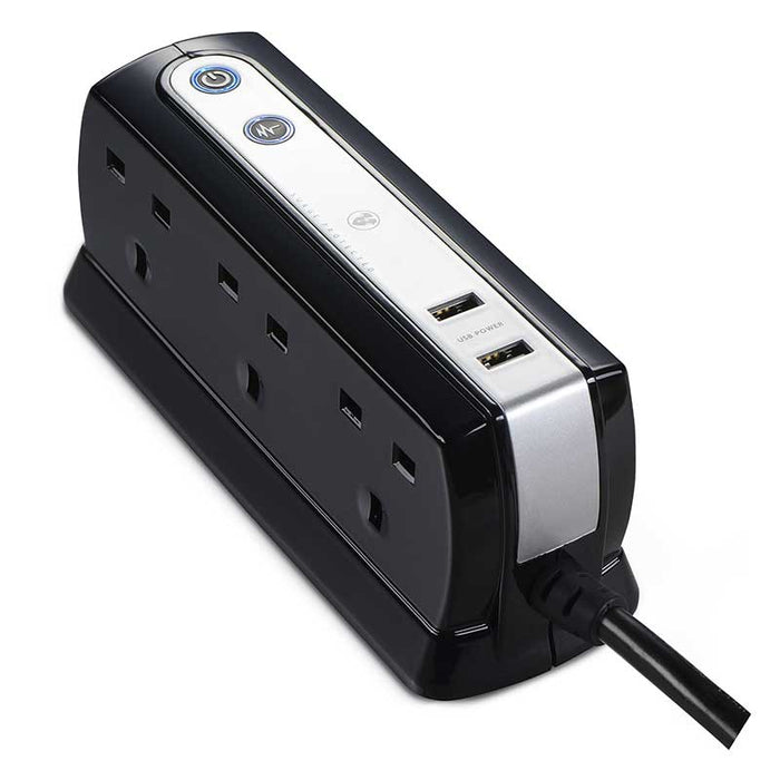 Masterplug 6 Socket 2m 13A + 2x3.1A USB Switched Surge Compact Extension Lead Gloss Black - westbasedirect.com