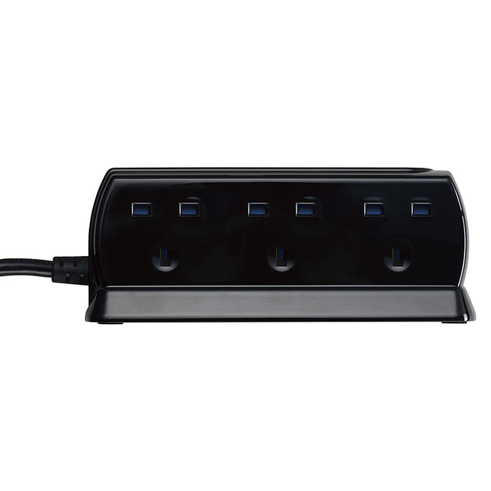 Masterplug 6 Socket 2m 13A + 2x3.1A USB Switched Surge Compact Extension Lead Gloss Black - westbasedirect.com
