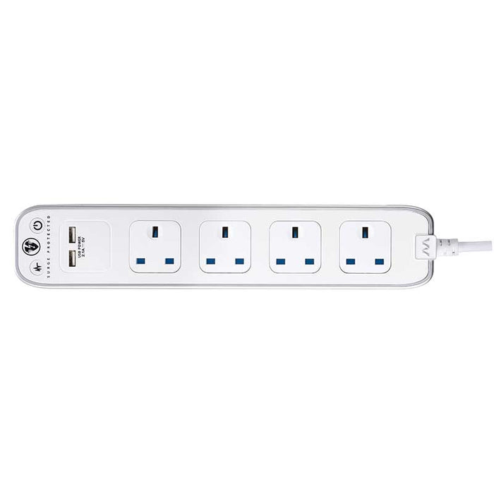 Masterplug 4 Socket 2m 13A + 2xUSB Switched Surge Extension Lead Gloss White - westbasedirect.com