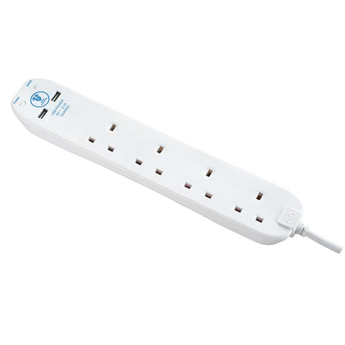 Masterplug 4 Socket 2m 13A Surge Extension Lead + USB White - westbasedirect.com