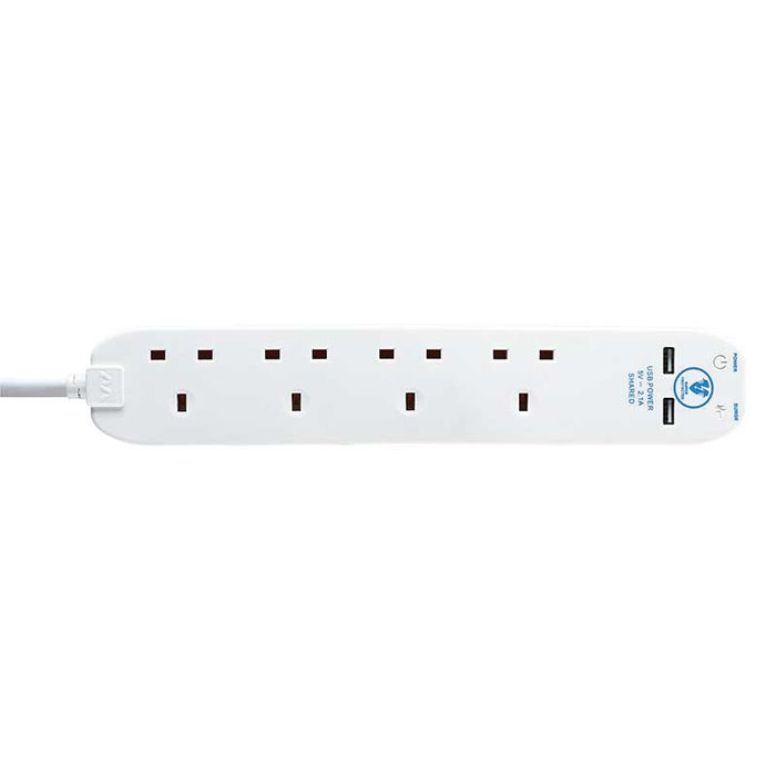 Masterplug 4 Socket 4m 13A Surge Extension Lead + USB White - westbasedirect.com