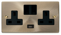 Click Deco VPAB770BK Victorian 13A 2G Switched Socket + 1x2.1A USB - Antique Brass (Black)