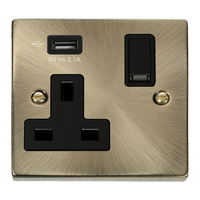 Click Deco VPAB771UBK Victorian 13A 1G Switched Socket + 1x2.1A USB - Antique Brass (Black)