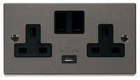 Click Deco VPBN770BK Victorian 13A 2G Switched Socket + 1x2.1A USB - Black Nickel (Black)