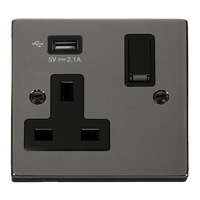 Click Deco VPBN771UBK Victorian 13A 1G Switched Socket + 1x2.1A USB - Black Nickel (Black)