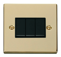 Click Deco VPBR013BK Victorian 10AX 3-Gang 2-Way Plate Switch - Polished Brass (Black)