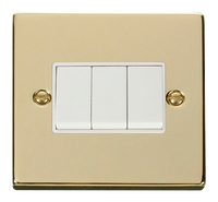 Click Deco VPBR013WH Victorian 10AX 3-Gang 2-Way Plate Switch - Polished Brass (White)