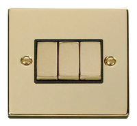 Click Deco VPBR413BK Victorian 10AX Ingot 3-Gang 2-Way Plate Switch - Polished Brass (Black)
