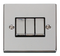 Click Deco VPCH413BK Victorian 10AX Ingot 3-Gang 2-Way Plate Switch - Polished Chrome (Black)