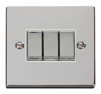 Click Deco VPCH413WH Victorian 10AX Ingot 3-Gang 2-Way Plate Switch - Polished Chrome (White)