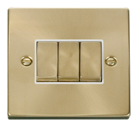 Click Deco VPSB413WH Victorian 10AX Ingot 3-Gang 2-Way Plate Switch - Satin Brass (White)