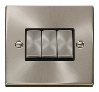 Click Deco VPSC413BK Victorian 10AX Ingot 3-Gang 2-Way Plate Switch - Satin Chrome (Black)