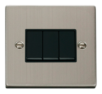Click Deco VPSS013BK Victorian 10AX 3-Gang 2-Way Plate Switch - Stainless Steel (Black)