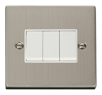 Click Deco VPSS013WH Victorian 10AX 3-Gang 2-Way Plate Switch - Stainless Steel (White)