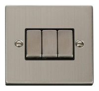 Click Deco VPSS413BK Victorian 10AX Ingot 3-Gang 2-Way Plate Switch - Stainless Steel (Black)