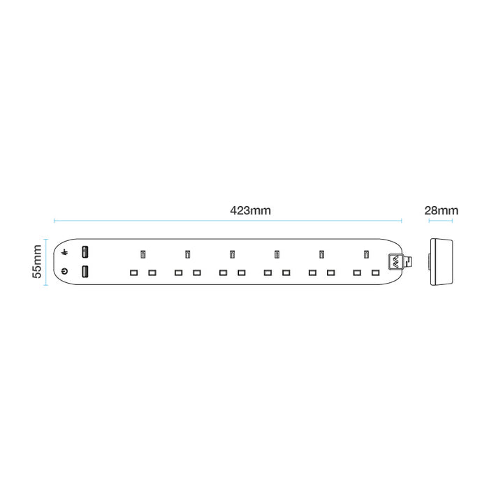 Masterplug 6 Socket 2m 13A Surge Extension Lead + USB White - westbasedirect.com